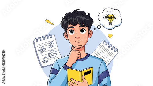 Young man pondering a new idea with notebook and thought bubble