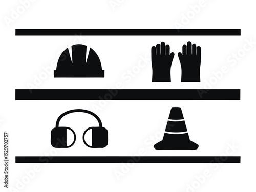 Hard hat PPE risk alert Black and white safety equipment including hard hat gloves ear muffs and traffic cone