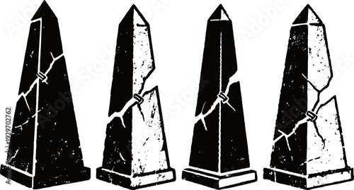 set of cracked and weathered ancient obelisks black silhouettes with worn texture and broken edges