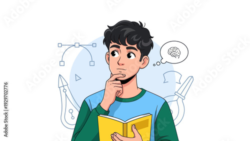 Young man pondering over a book with a thought bubble concept illustration