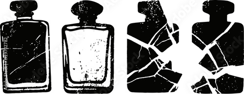 Broken glass bottle illustration showing intact and shattered states with rough texture design