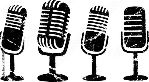Vintage retro microphones set antique classic sound equipment collection illustration