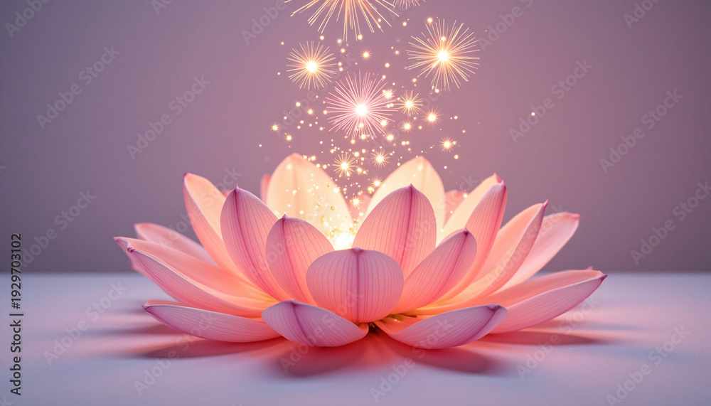Fototapeta premium Pink lotus flower with glowing sparkles on soft background 