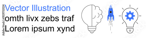 Innovation, creativity, business concepts, startup ideas, technological progress, brainstorming. A lightbulb with a brain, a rocket and a gear inside another bulb. Innovation and creativity