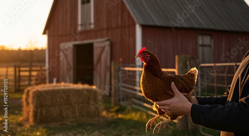 Rustic Farm Life: Person Holding Chicken in Golden Light