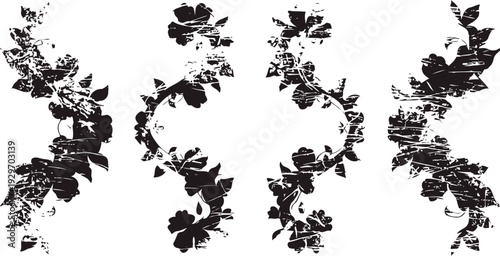 Grunge floral garlands in black vintage decorative design elements with distressed texture, rustic style, ornamental branches and flowers