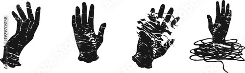 Grunge textured hands in various distressed and entangled poses expressive of struggle and chaos