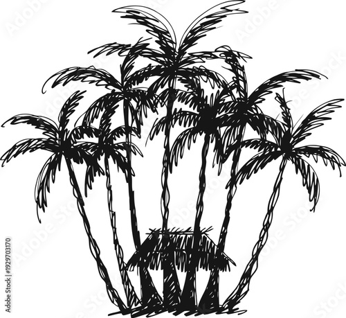 Tropical palm trees surrounding a small hut with thatched roof, simple nature silhouette drawing