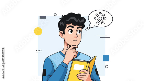 Young man pondering a thought bubble with a wheel graphic next to an open book