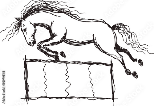 Hand drawn horse jumping over a fence, dynamic sketch of equestrian sport and animal movement