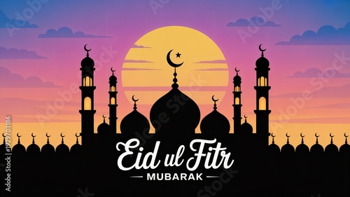 Elegant Silhouette of Mosque with Crescent Moon and Star at Twilight