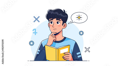 Young man pondering a thought illustration with book and thought bubble