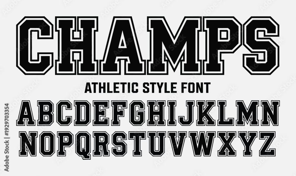 Fototapeta premium Champs Athletic Varsity Font with Bold Block Letters and Black Outline for Sports Team Branding and Collegiate Apparel Design