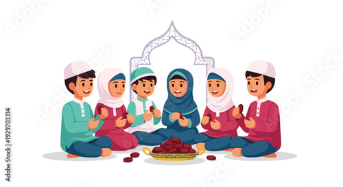 Illustration of a group of children sitting in a circle eating dates from a bowl with a mosque arch in the background.