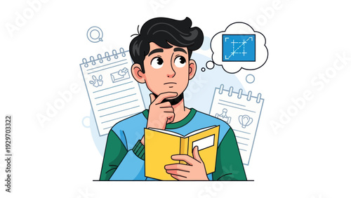 Young man pondering over a book with thought bubble concept illustration