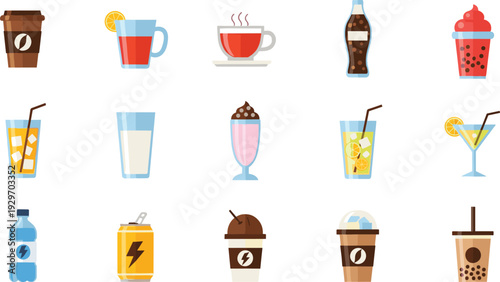 Beverage collection including coffee soda juice and water icons for cafe restaurant and menu design assets