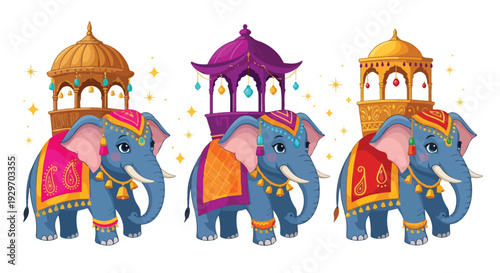 Three colorful elephants with ornate saddles and decorative towers behind them on a white background with a whimsical and festive mood.