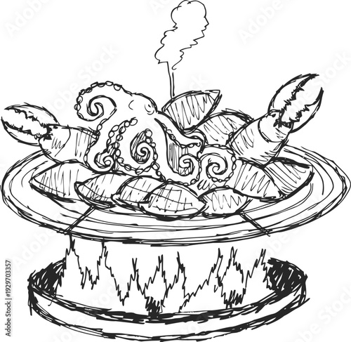 seafood platter with crab and octopus served on hot plate over fire grilled mixed shellfish dish