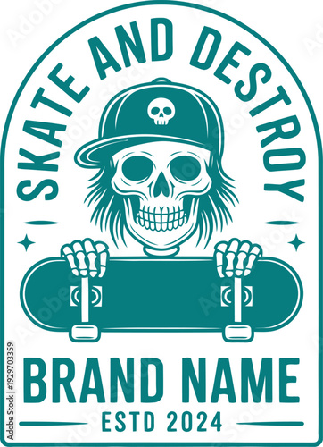 Skate and Destroy Skeleton Mascot Logo with Baseball Cap and Skateboard for Urban Streetwear and Skate Shop Branding