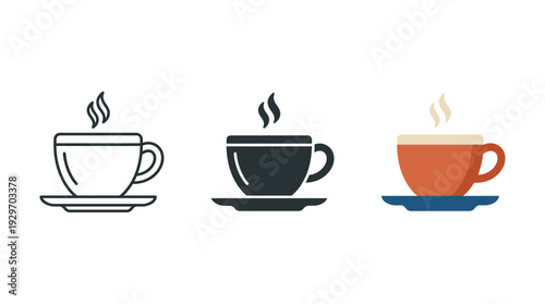 Coffee Cups with Steam on Saucers Isolated on White Background