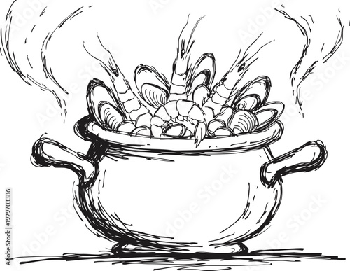 Steaming pot with seafood boil, shrimp, clams, and mussels cooking in a rustic saucepan