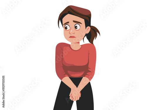 Cartoon woman with worried expression and hands clasped in front of her body standing