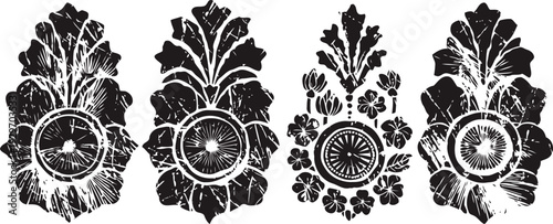 vintage decorative floral ornaments in black silhouette with intricate circular center patterns