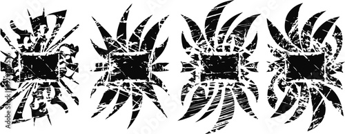 Grunge sunburst design elements with distressed texture in black, abstract radial shapes for backgrounds