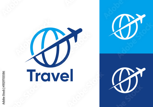 simple travel logo. airplane with globe icon vector design