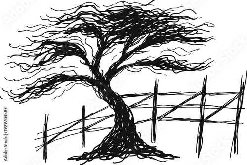 Hand drawn sketch of a tree bending in the wind with a rustic wooden fence in the background