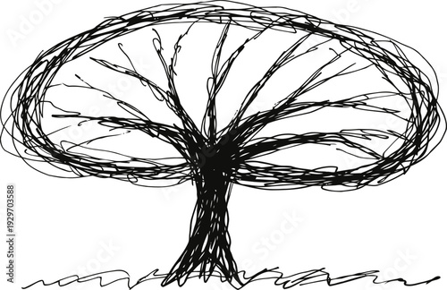 Abstract hand drawn tree with circular scribble branches and sketchy trunk in black and white