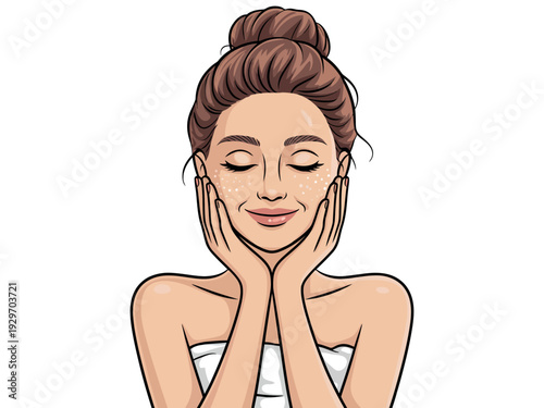Cartoon Woman with Brown Hair and White Towel Enjoying Facial Treatment Blissfully