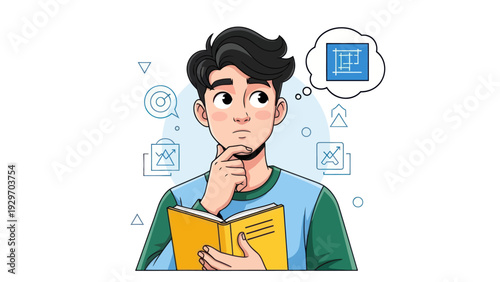 Young man pondering over a book with thought bubbles about design ideas