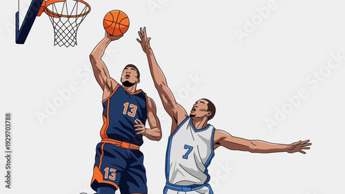 Basketball players in action dunking a ball against white background