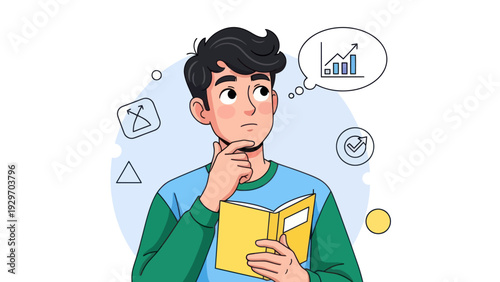 Young man pondering business growth concept with diagrams and book
