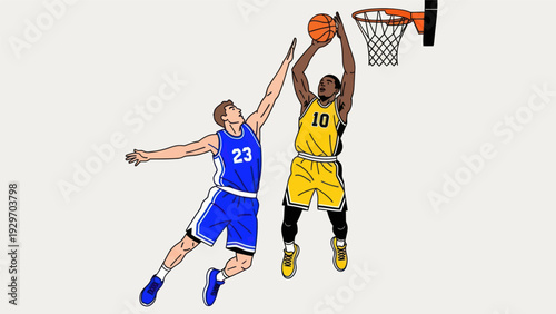 Basketball players in action dunking a ball in a competitive game