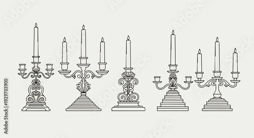 Line drawing of five ornate candelabras with varying designs and candle counts on a plain background.