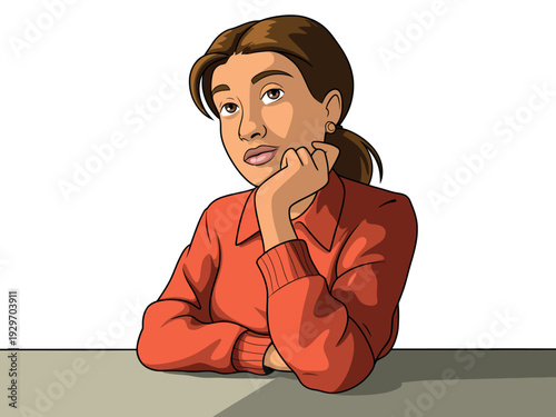 Cartoon Woman in Red Sweater Sitting at Table with Thoughtful Expression and Hand on Chin