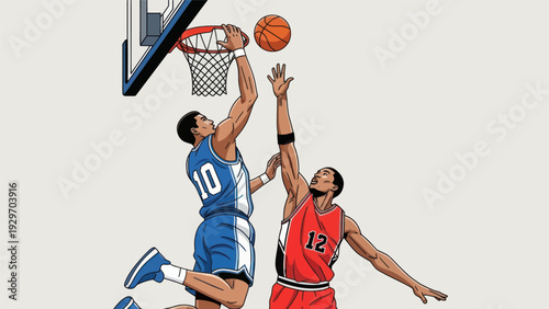 Basketball players in action dunking a ball in a dynamic illustration