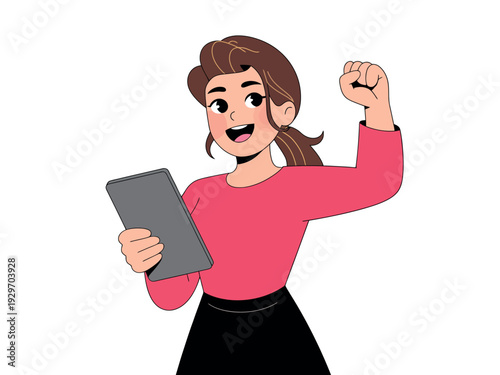 Cartoon woman holding tablet celebrating