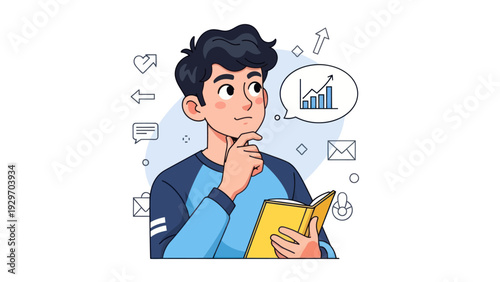 Young man pondering business growth idea holding book cartoon illustration