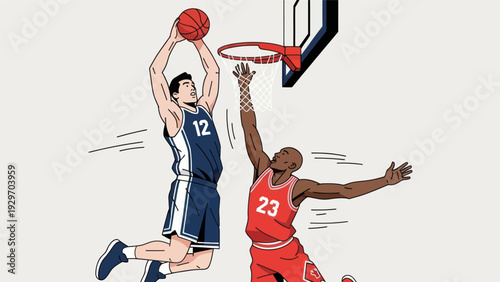 Basketball players in action dunking a ball in a dynamic illustration