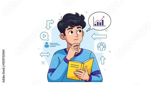 Young man contemplating business growth chart in thought bubble