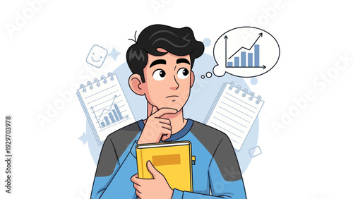 Young man contemplating business charts and data analysis on a notepad