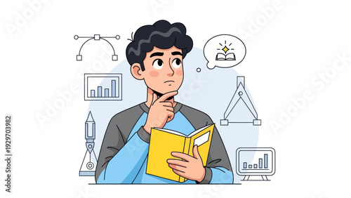 Young man pondering over a yellow book with graphic design elements