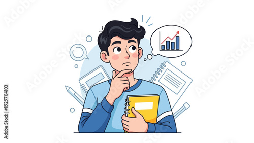 Young man contemplating business growth holding book with a thought bubble