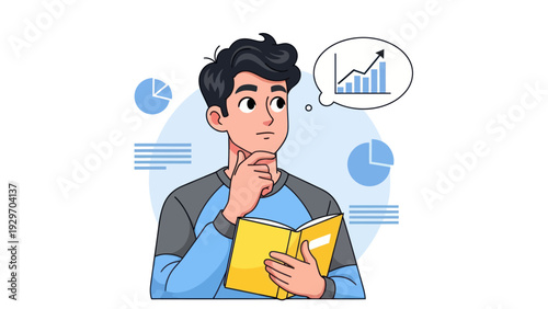 Young man contemplating business growth with data visualization concept