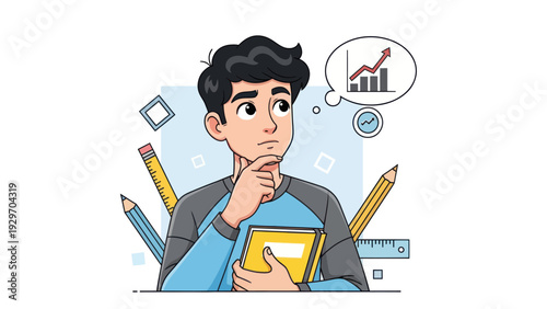Young man pondering business growth with graphs and educational tools