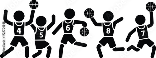 Group of basketball players in action on a court