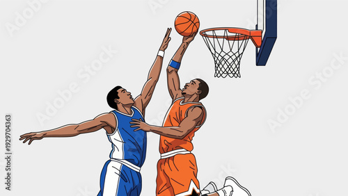 Basketball players in action dunking a ball in vector illustration